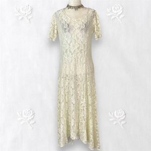 Whimsygoth Vintage Made in USA Cream White Sheer Floral Lace Midi Maxi Dress L